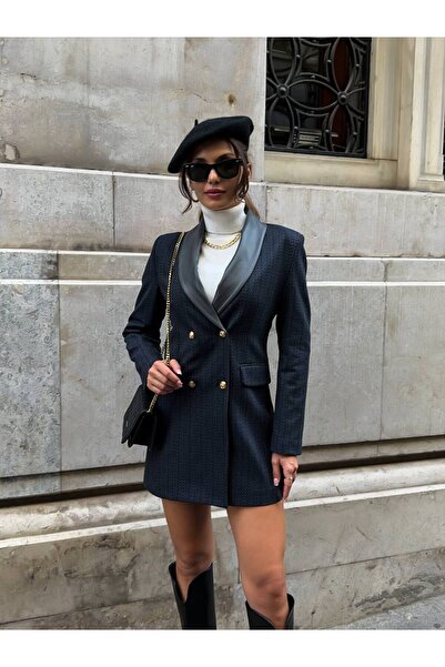 ARTI MODA Yaka Deri Detaylı Gold Düğmeli Blazer Ceket