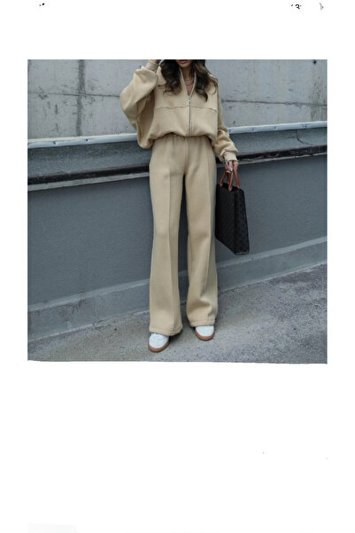 BUES COLLECTİON ΚΑΦΕ Σετ φούτερ με ραμμένη μπροστινή πλευρά, ελαστική μέση, κορδόνι περίσφιξης και φερμουάρ