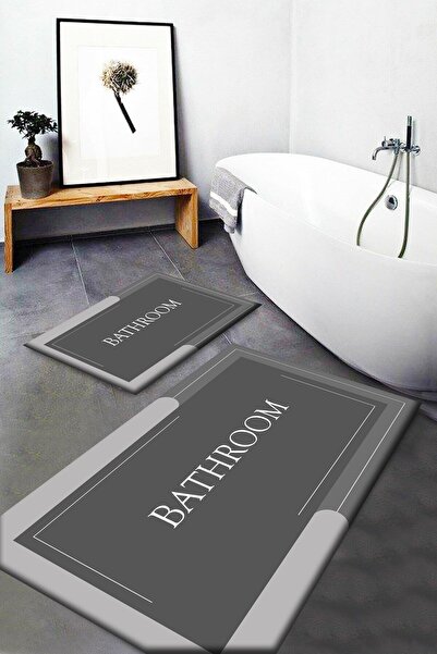 Qatalina Gri Bath Yazılı Yıkanabilir Kaymaz Taban 2 Li Banyo Paspası Klozet T...