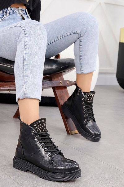 Mamito Ayakkabı Cizme Fls 03-207 Stone Detailed-piele lacuita neagra