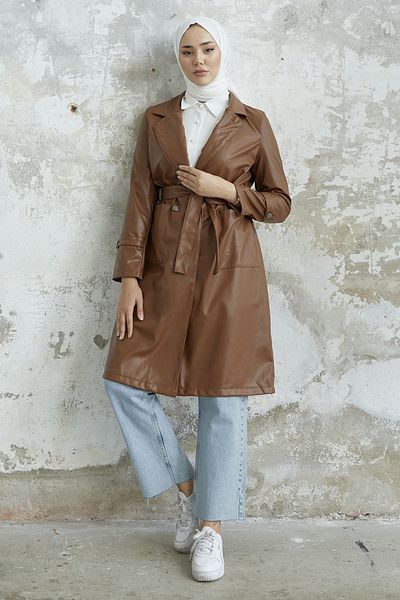 InStyle Anyora Double Breasted Collar Leather Trench - Tan