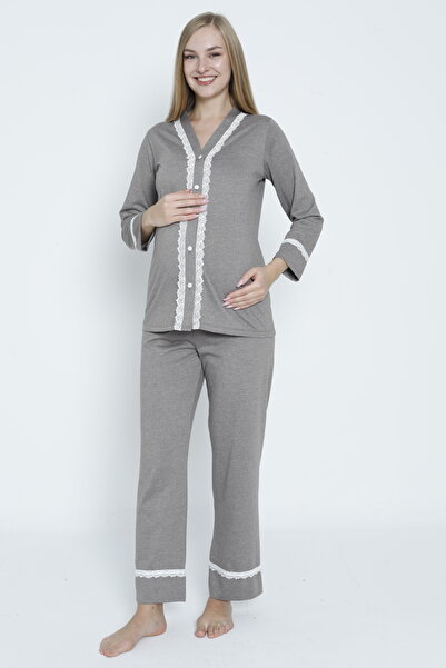 Miss Dünya Lissa Hnědá krajka s detailním zapínáním na přední těhotenskou a těhotenskou pyžamu