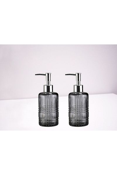 Bosphorus BATHROOM SET GLASS LIQUID SOAP HOLDER 2 PIECES, CRYSTAL PATTERNED GRAY 300ML 6,8X17,6CM