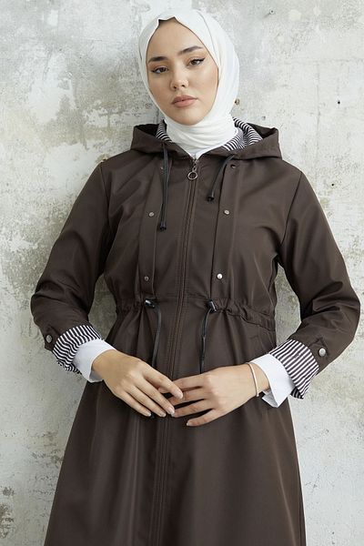 InStyle Flared Striped Pattern Long Trench Coat - Bitter Brown