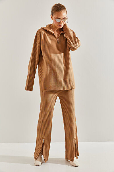 Bianco Lucci Women's Knitwear Bottom and Top Set with Zippered Legs and Collars