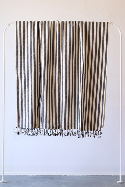 vivamaison 100% Cotton Peshtemal, Colored Striped Washed Bath Towel, Beach Towel 90x180 cm Black