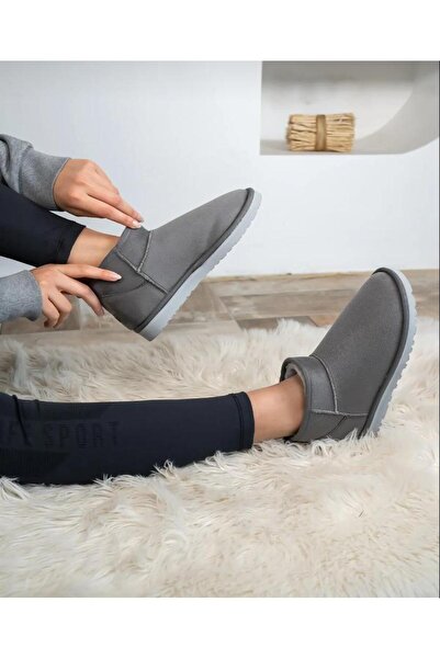 wefashion KADIN GRİ ULTRA MİNİ SÜET İÇİ KÜRKLÜ DÜZ TABAN BOT