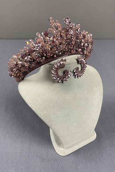 Hobigram Pink Bead Embroidered Intense Akbahar Bridal Tiara and Round Earring Set – Crown, Crystal Stone, Stylish Fashion