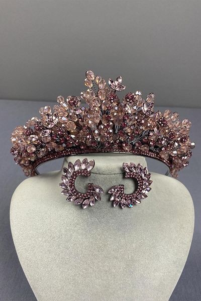 Hobigram Pink Bead Embroidered Intense Akbahar Bridal Tiara and Round Earring Set – Crown, Crystal Stone, Stylish Fashion