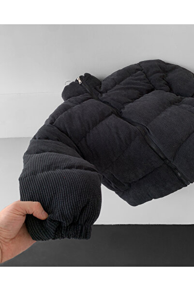 NO1 KONSEPT Μαύρο Oversize Κοτλέ παλτό με επένδυση