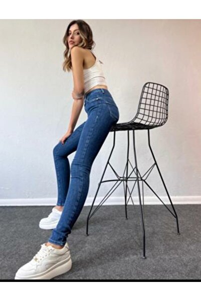 Trn JNS Mom Jeans Koyu Mavi Mom Yüksek Bel Kot Pantolon Likralı Solmaz Ekstra Rahat