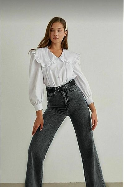 Trn JNS Pantaloni Palazzo din denim, casual, cu talie înaltă afumată