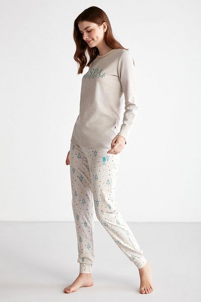 U.S. Polo Assn. Pine Tree and Text Printed Seasonal Long Sleeve Tight Leg Women's Pajama Set