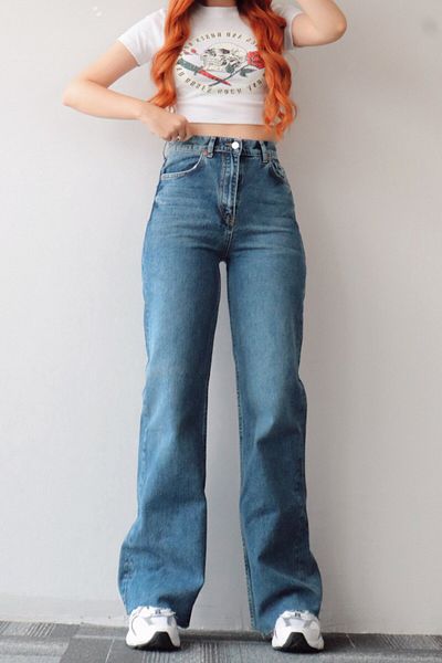 Trn JNS Pantaloni palazzo din denim, largi, cu talie înaltă, albastră medie