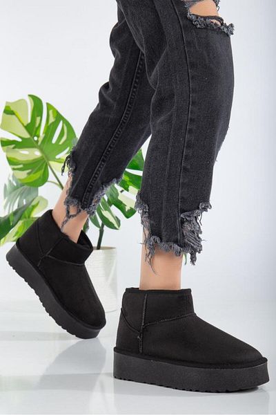 wefashion WOMEN'S BLACK ULTRA MINI THICK SOLE FUR INSIDE FLAT SOLE BOOTS