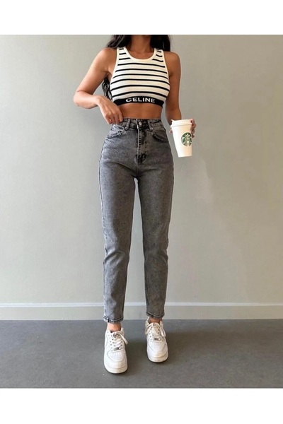 Trn JNS Mom Jeans Smoked Snow Wash Pantaloni Mom denim cu talie înaltă Lycra Colorfast Extra confortabil