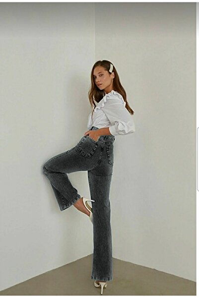 Trn JNS Pantaloni Palazzo din denim, casual, cu talie înaltă afumată