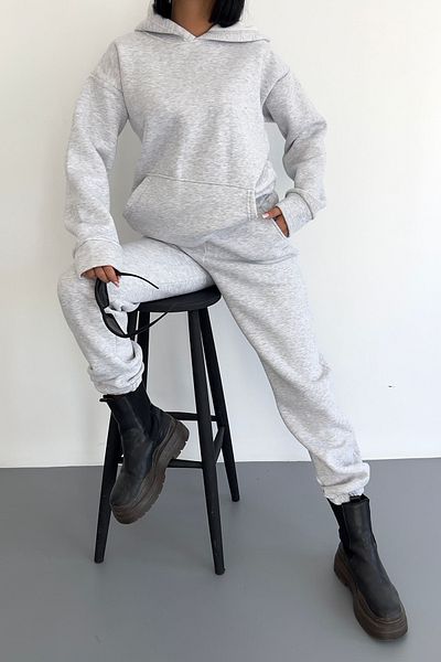 vuvutasarım Kangaroo Pocket Hooded Detailed Sweatshirt and Elastic Leg High Waist Gray Tracksuit 400