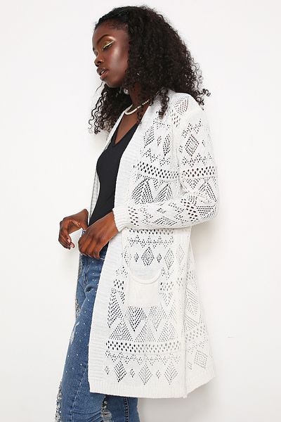 AVORWE Openwork Geometric Patterned Pocket Detailed Knitwear Cardigan