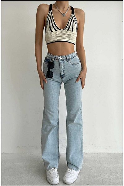 Trn JNS Ice Snow Wash, talie înaltă, ocazional, pantaloni palazzo din denim pentru femei