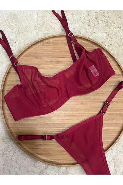 mendoza store Shiny Burgundy Red Mix Tulle Thong Panty Bra Suit...