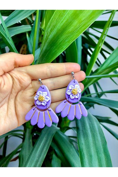 TREND Purple Floral Gold Detailed Fan Dangle Modern Earrings
