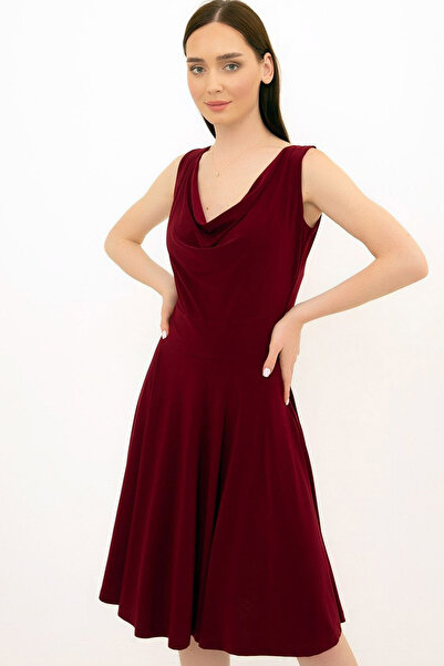 Naliru Kadın Elbise Degaje Yaka Kolsuz Likralı Midi Boy Tasarım Kloş Elbise