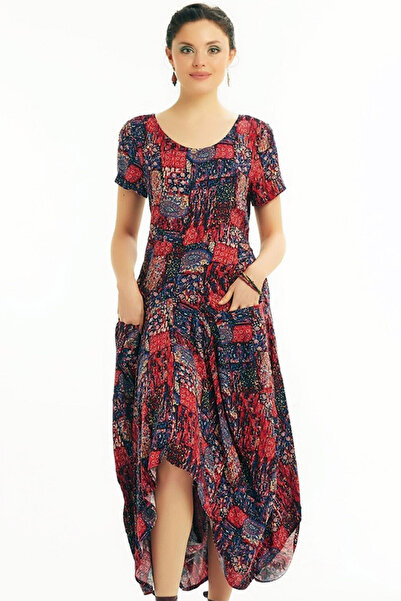 Naliru Kadın Elbise Yuvarlak Yaka Şalvar Kesim Kısa Kollu Etnik Desenli Asimetrik Bohem Elbise