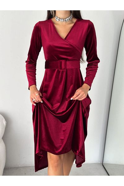 pelinzen Rochie de damă, roșie, cu guler dublu, cu curea din catifea