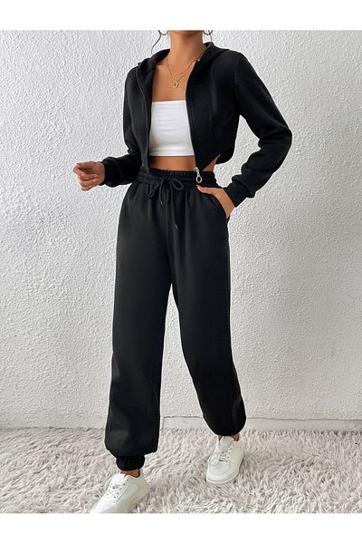 RABTEKS Μαύρο ψηλόμεσο Jogger Sweatpants με Fleece Εσωτερικά