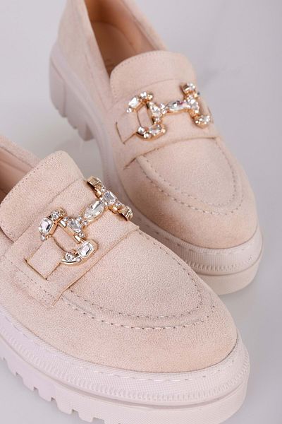 Shoeberry Dámský mokasín Lucie Beige Suede Daily Stone Buckle Loafer