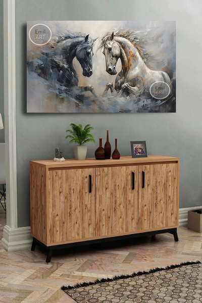 EMİLART Yağlı Boya Görünümlü Siyah Beyaz At Özel Tasarım Dekoratif HD Kalite ...