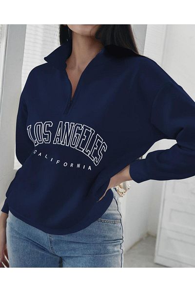 trendgar navy blue lossangeles printed high neck half zipper sweater