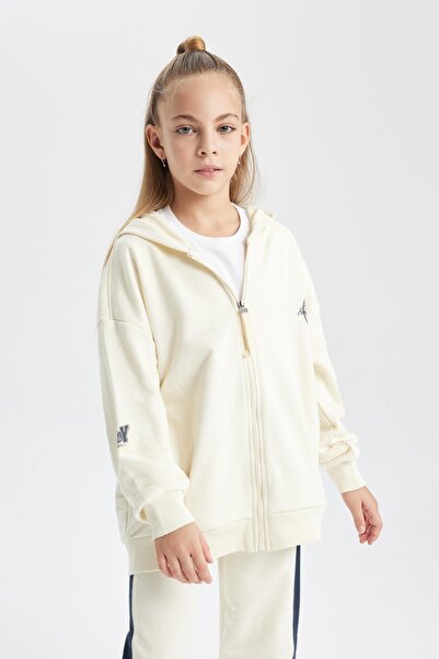 DeFacto Girl's Hooded Back Printed Thick, Soft Inside Cardigan