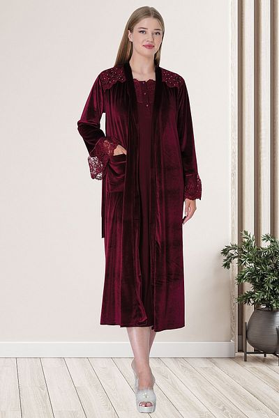 Mecit Pijama Set cămașă de noapte din catifea pentru femei Mecit 5719 roșu claret