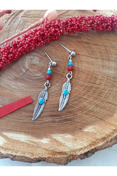 Idarosa Concept Otantik Etnik Bohem Mavi Bordo Boncuklu Yaprak Model Gümüş Rengi Hippi Küpe