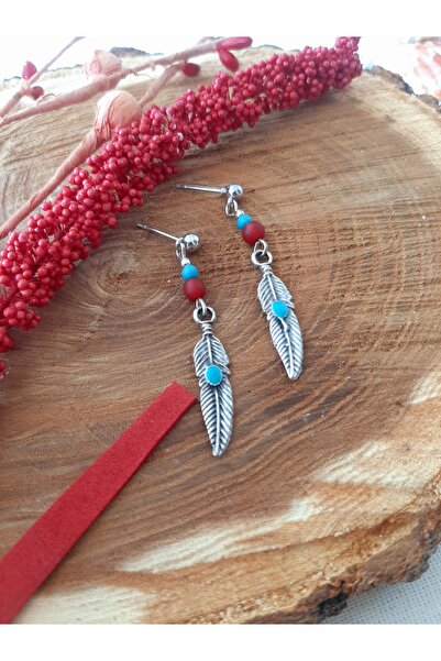 Idarosa Concept Otantik Etnik Bohem Mavi Bordo Boncuklu Yaprak Model Gümüş Rengi Hippi Küpe