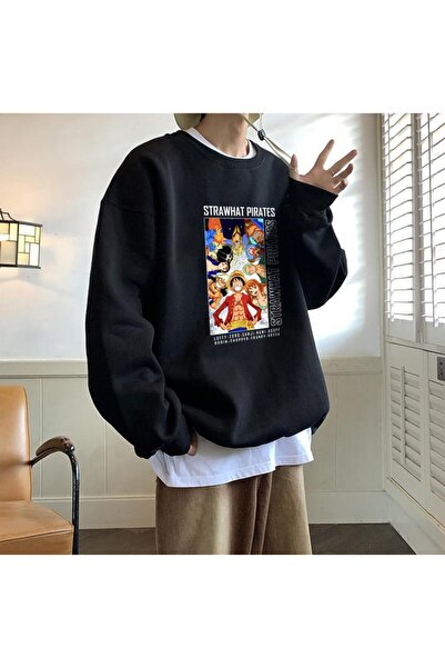 Toum LAGOM MODA Hanorac oversize cu gât negru, cu imprimeu, pirati de paie, u...