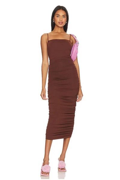Zagrep Women's Brown Draped Gathered Strap Lined Zippered Midi Dress