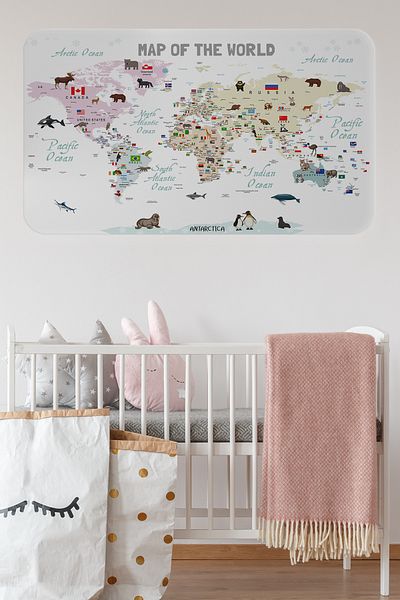 devirhesapdevri Children's and Baby's World Map Atlas with Educational and Flag - 85X130Cm Wall Sticker