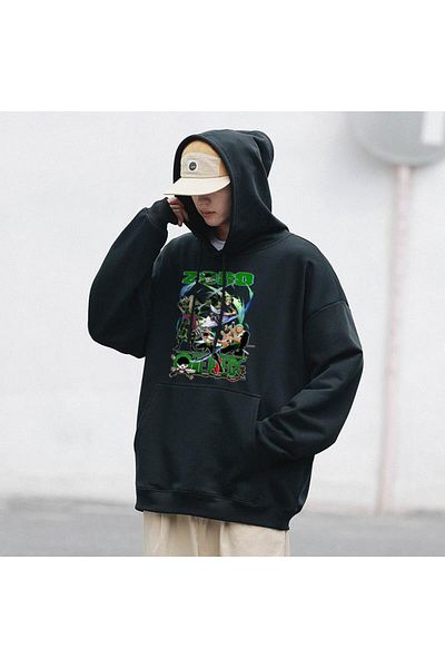 Touz One Piece Zoro Swords εμπριμέ Μαύρο Unisex Oversize Φούτερ με κουκούλα