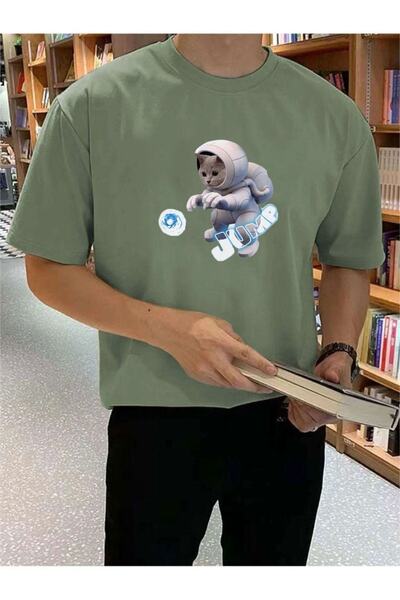 ORLONTEX سويت شيرت كبير الحجم مطبوع عليه قطة باللون الأخضر المائي للجنسين