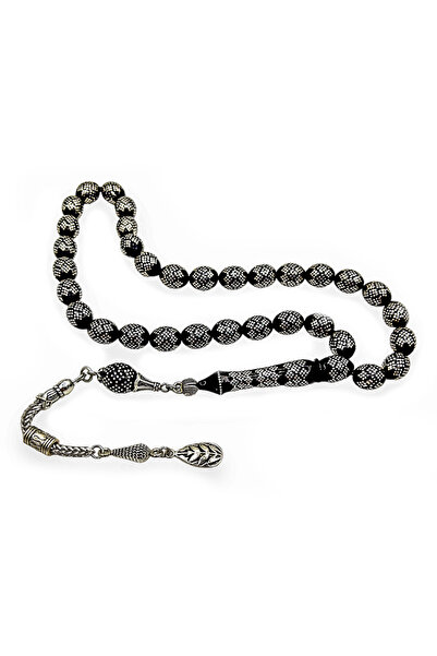 TAŞHAN Gümüş Yoğun Baklava İşlemeli Erzurum Oltu Taşı Tesbih