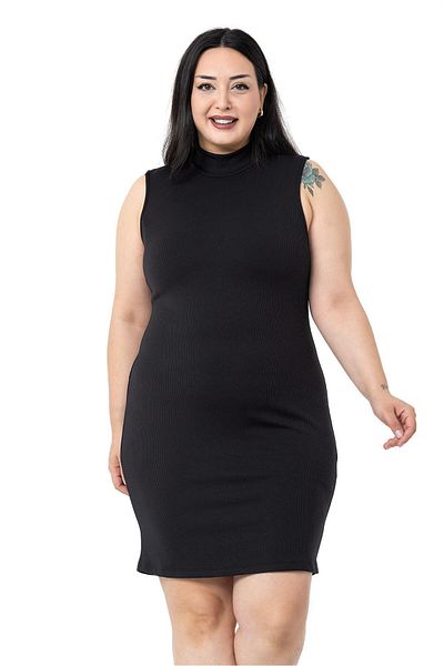 DISENTIS MODEST Μισό Fisherman Camisole Plus με ραβδώσεις εσωτερικά αμάνικο στρέντο κοντό μαύρο φόρεμα