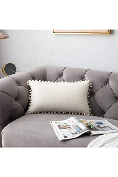 Bc Home Krem Minik Ponponlu Dikdörtgen Kırlent Kılıfı ,Yumuşak dokulu , 1 Ade...