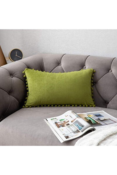 Bc Home Fıstık Yeşili Minik Ponponlu Dikdörtgen Kırlent Kılıfı ,Yumuşak dokul...