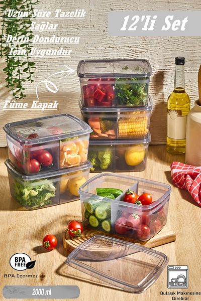 Bayev 12 Pieces Duo Smoked 2-Compartment Food Storage Container - Lid Pulses Box - Suitable for Deep Freezer