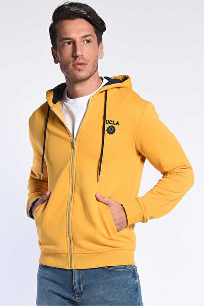 UCLA Hılgard Sarı Kapüşonlu Ve Fermuarlı Aplikeli Erkek Sweatshirt