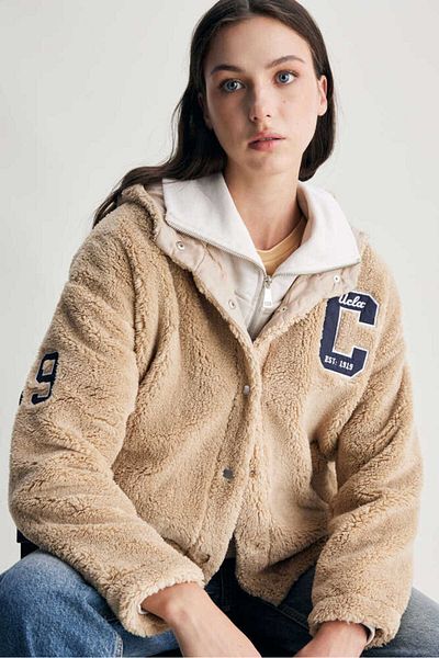 UCLA Serville Dark Beige Embroidered Women's Jacket with Snap Fasteners