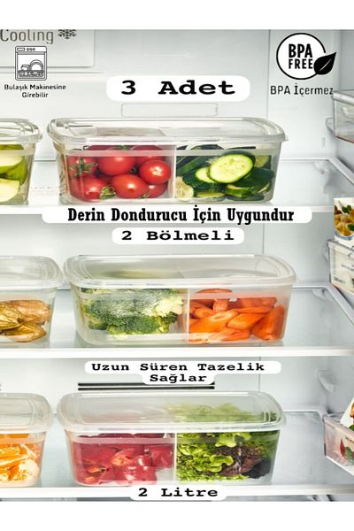Bayev 3 Pieces Duo Transparent 2 LT Refrigerator Storage Container 2 Compartments - Suitable for Deep Freezer